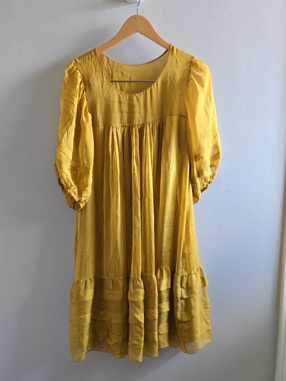 Goldenrod Yellow Silk Midi Dress Balloon Sleeved